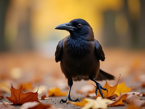 A crow standing on the ground surrounded by fallen leaves photo