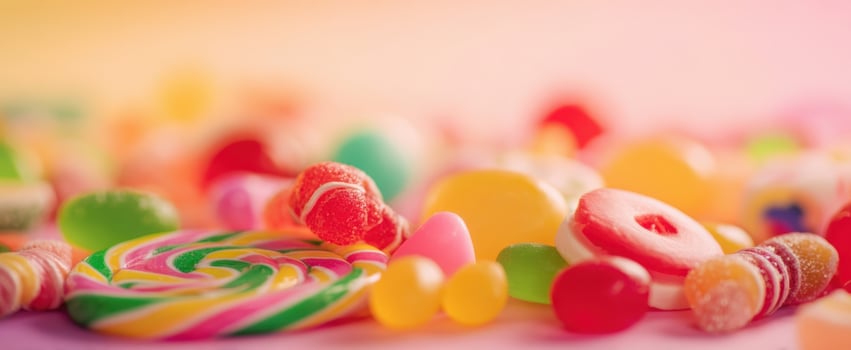 The colorful assortment of candies creating a joyful and vibrant dessert scene. photo