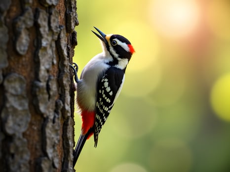 A woodpecker is standing on a tree trunk photo