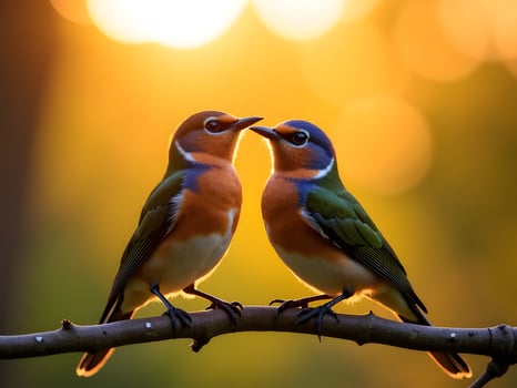 Two birds are sitting on a branch with the sun in the background photo
