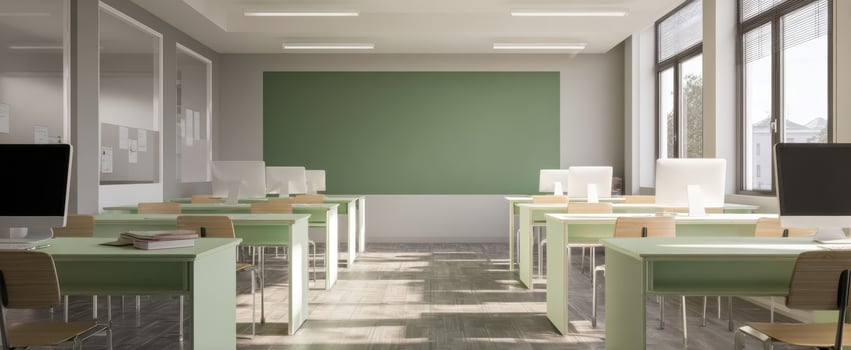 The modern classroom featuring green desks and technology for innovative learning. photo