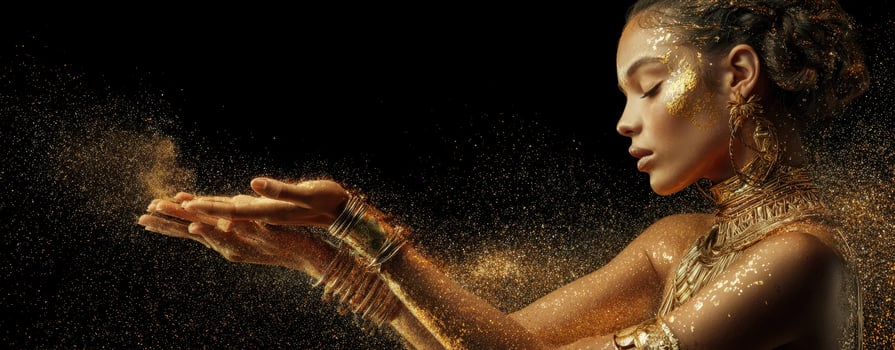 The shimmering beauty of a woman adorned in gold and elegance. photo