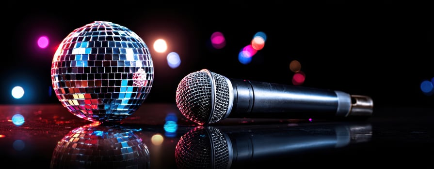 The sparkling disco ball and microphone creating a vibrant party atmosphere. photo
