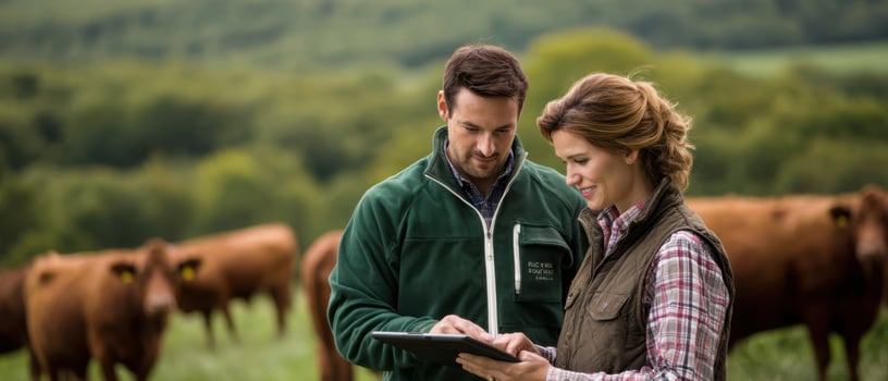 The couple collaborating on a farm with cattle using modern technology. photo