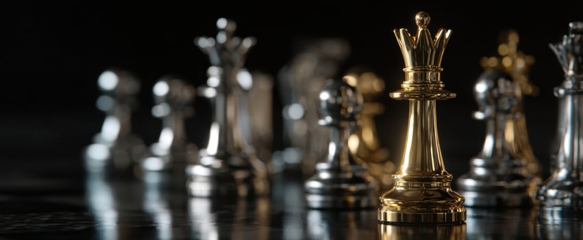 The golden chess queen stands prominently among silver pieces in a strategic game. photo