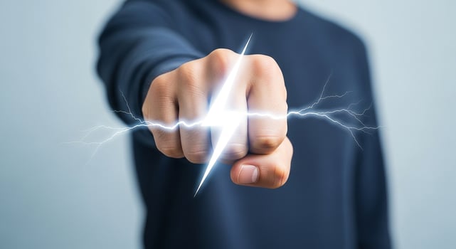 Man with power lightning energy in fist concept for strength and electric power and super hero ability photo