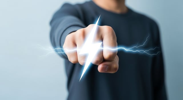 Man holding energy bolt power concept with fist and lightning effect for strength and determination photo