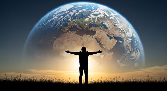 Earth day silhouette man with open arms global awareness environmental protection climate change hope 100 photo