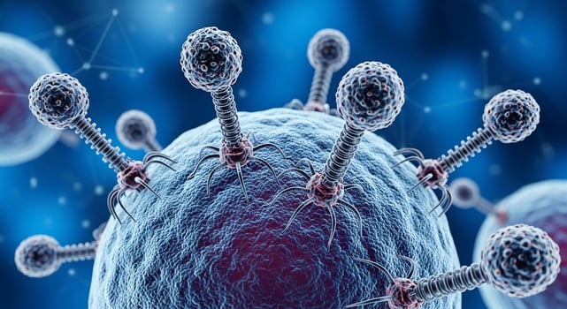 Bacteriophage virus attacking cell microscopic view medical illustration science and health concept photo
