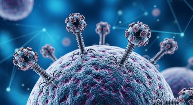 Bacteriophage virus attacking cell illustration for medical science and microbiology research 3d render photo