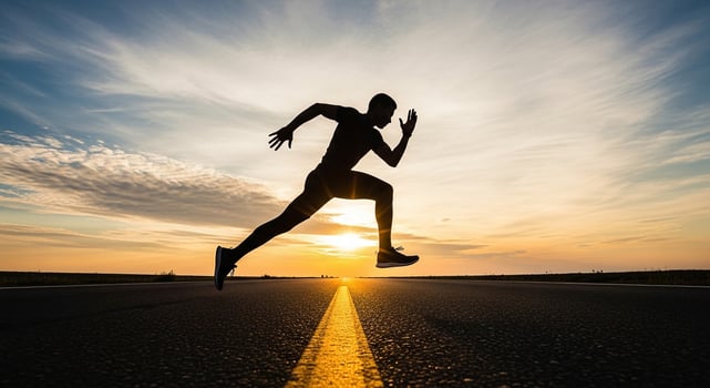 Silhouette of runner sprinting on road at sunset for fitness motivation and healthy lifestyle concept photo