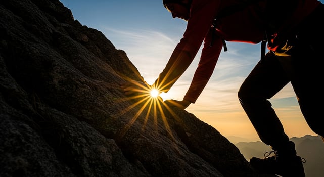 Mountain climber reaching summit at sunrise adventure travel and outdoor recreation achievement and challenge photo
