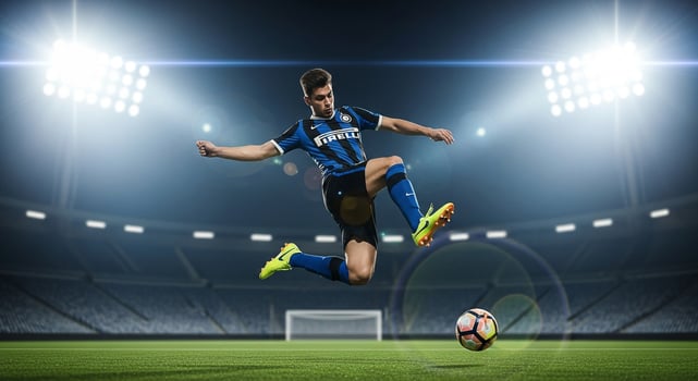 Soccer player in action professional athlete football match stadium lights kicking ball sport competition photo