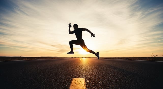 Man running silhouette on road at sunset for fitness motivation and healthy lifestyle concept image use 100 photo