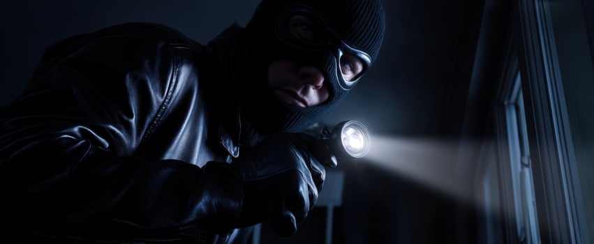 The burglar with a flashlight in a darkened room, ready for action. photo