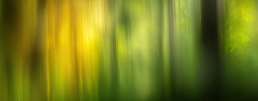 The serene beauty of a blurred forest with vibrant green and golden hues. photo