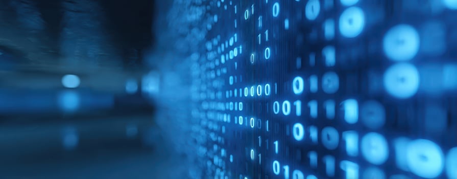 The mesmerizing digital display of flowing binary code in vibrant blue hues. photo