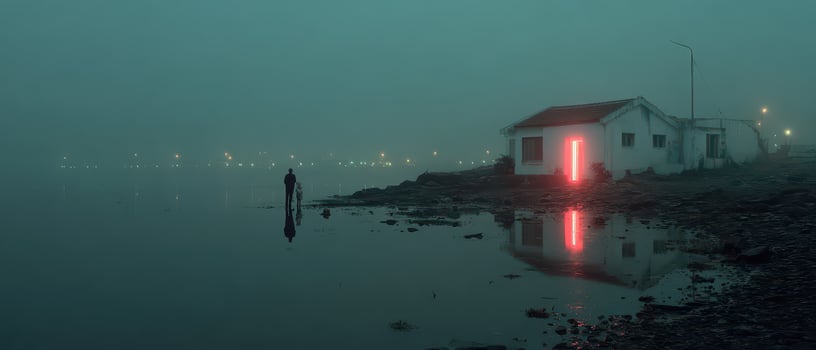 Misty night by the shore with glowing red light photo