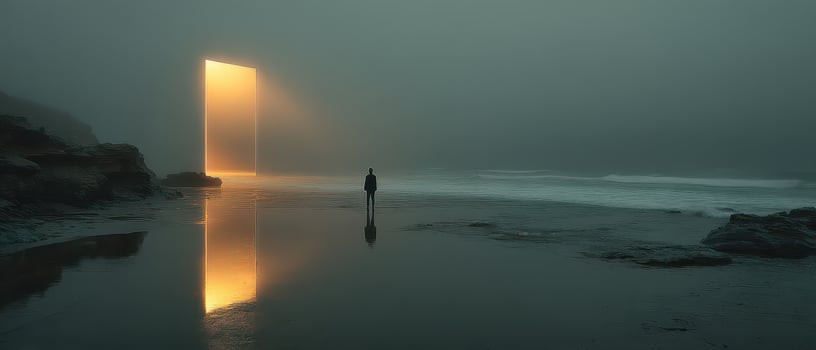 Mysterious door glowing in foggy beach landscape photo