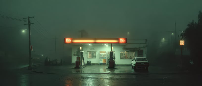 Gas station illuminated in foggy night photo