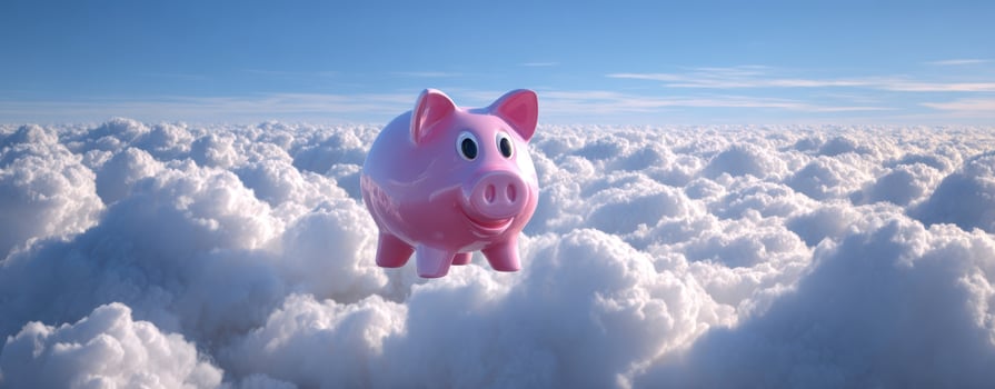The whimsical piggy bank floating among fluffy clouds in a vibrant sky. photo