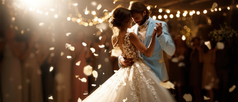 The romantic couple dancing together under twinkling lights at their wedding. photo