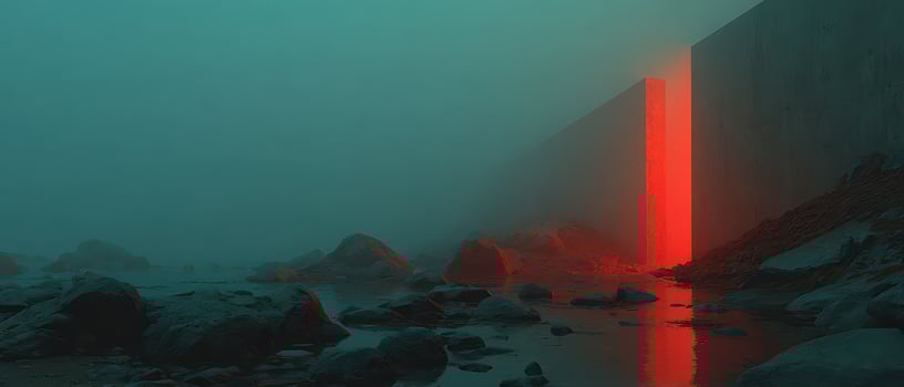Mysterious glowing structure amid foggy landscape photo
