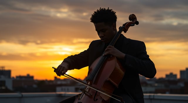 Silhouette of a focused male musician playing the cello against a golden sunset sky. photo