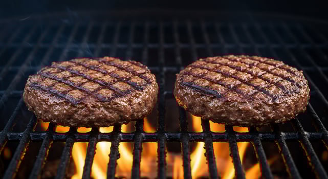 Two hamburgers on a grill with flames photo