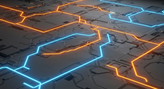 Futuristic Circuit Board with Neon Orange and Blue Lines photo