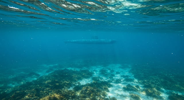 A submarine is seen under the water in the ocean photo