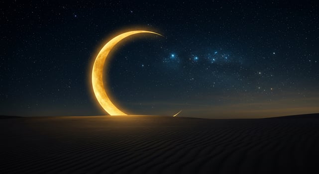Fallen Golden Crescent Moon Illuminates a Rippled Desert Under a Starry Sky photo