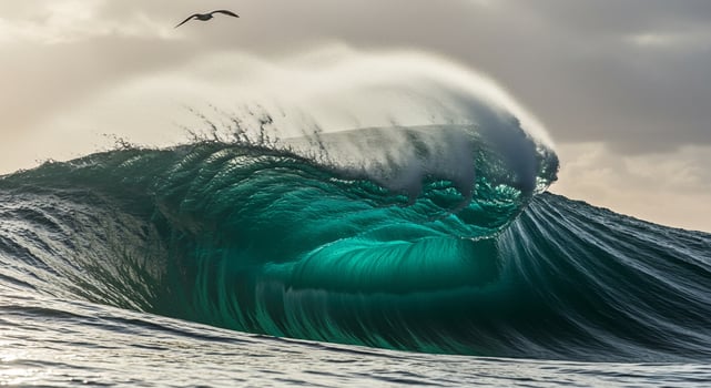 Powerful emerald ocean wave cresting with spray as a seabird flies overhead. photo