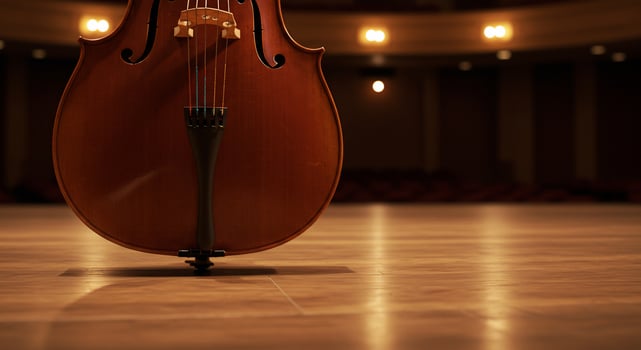 A cello is sitting on a wooden floor photo