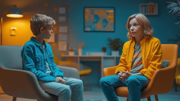 counselor talks with child in cozy, colorful room photo