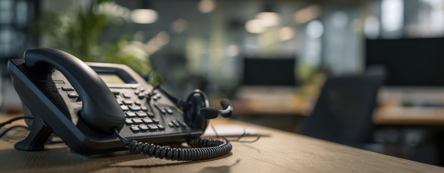 The office telephone paired with a headset in a modern workspace setting. photo