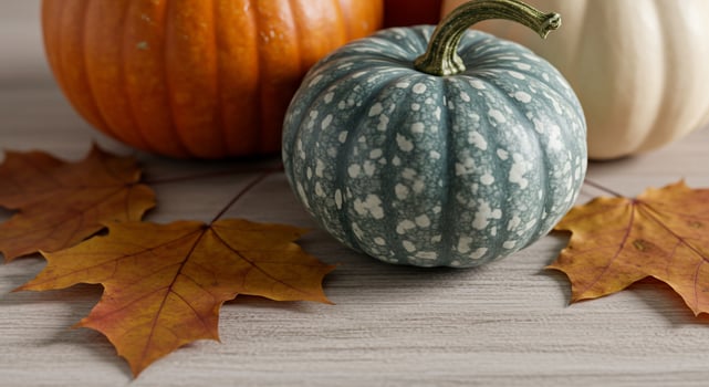 Three pumpkins and a maple leaf on a table photo