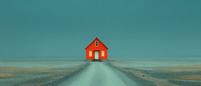 Bright red house stands alone on empty landscape photo