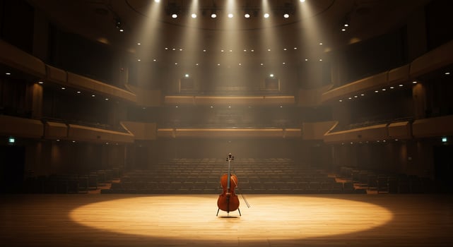 Cello on Empty Concert Hall Stage Under Dramatic Spotlight photo