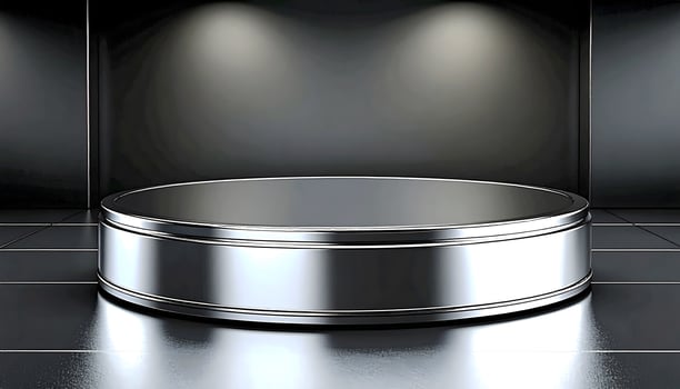 A round metal podium in front of a wall photo