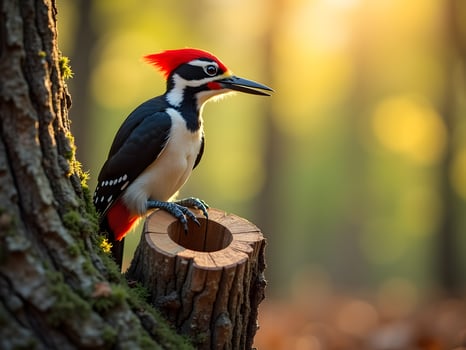 A woodpecker with a red head sitting on a tree stump photo