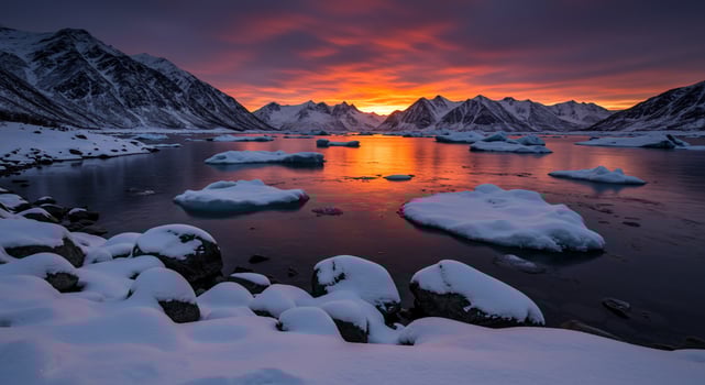 Majestic Arctic Sunset Over Icy Lake and Snow-Capped Mountains photo