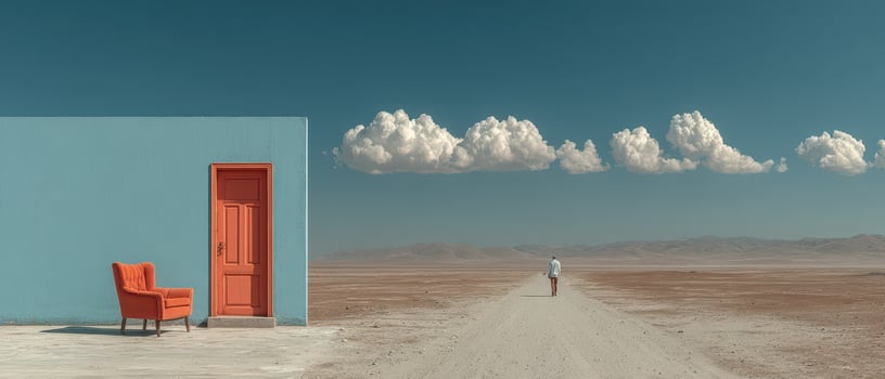 Lone figure approaches bright door in desert photo