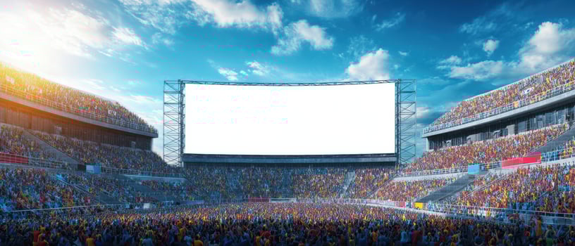 The vibrant crowd filling the stadium under a bright blue sky during an event. photo