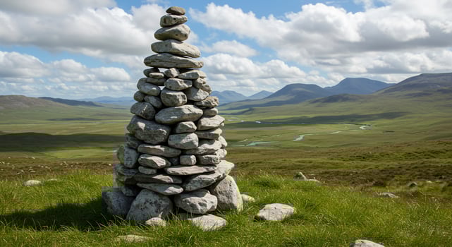 A balanced stone cairn overlooks a vast green mountain valley with a meandering river. photo