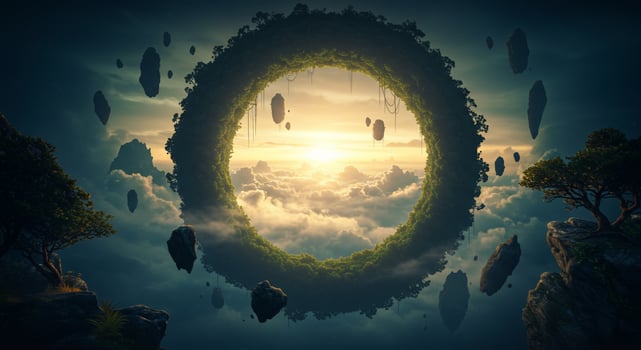 A circular floating island covered in trees frames a bright sunrise above the clouds. photo
