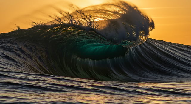 Dramatic Ocean Wave Crashing at Sunset, Golden Light. photo