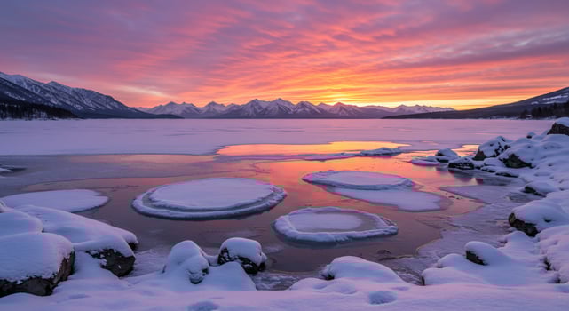 Majestic snow-capped mountains at sunset over a partially frozen lake with ice floes photo