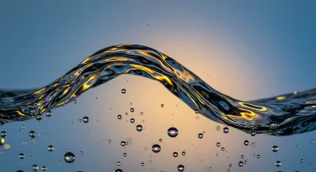 Elegant water wave with golden reflections and floating bubbles on a gradient background. photo
