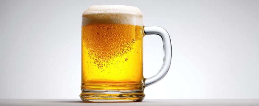 The refreshing glass of golden beer with frothy head and condensation photo